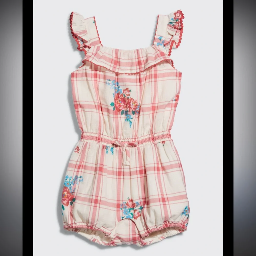 Ralph Lauren 18m Baby Girl Pink & White Plaid Floral Cotton Dobby Romper